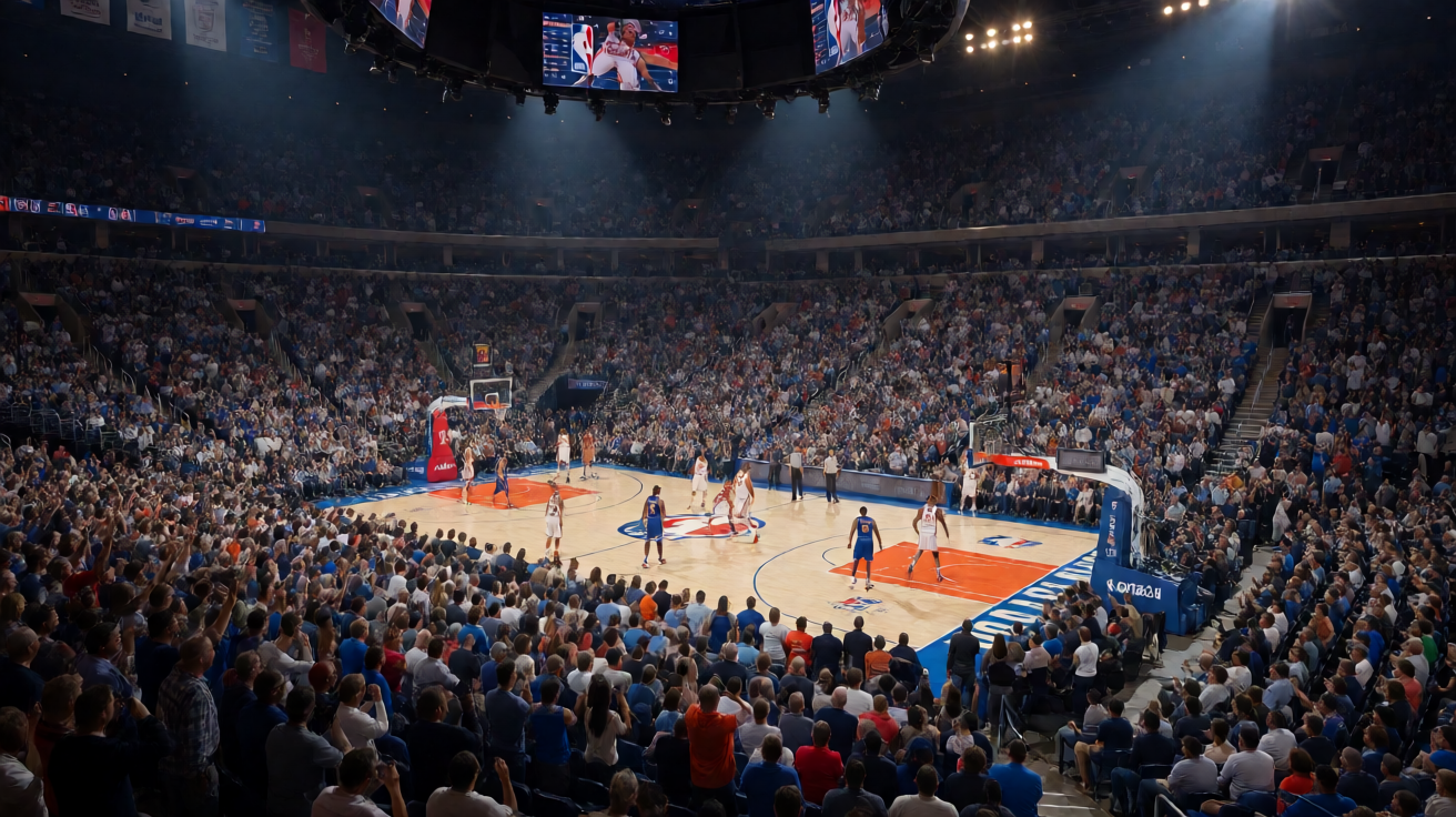 篮球比赛现场，展示捷报比分网覆盖NBA、CBA等国内外主要篮球赛事